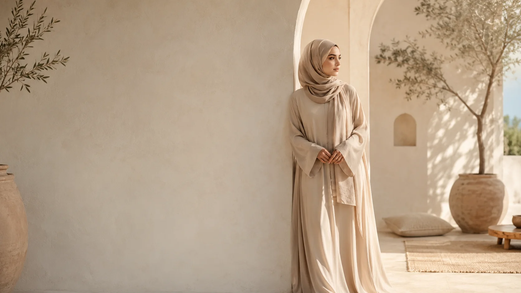 Mujer con hijab y abaya en tonos claros, apoyada en un arco iluminado